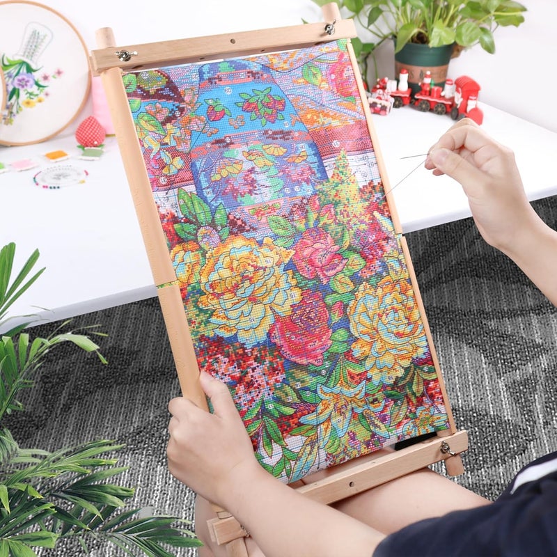 GuoFa Beech Wood Cross Stitch Frame Scroll Embroidery Hoop, Needlepoint Stretcher Bars & Stand, Quilting Stitching Holder for Cross Stitch Supplies, Embroidery Accessories & Needlework Projects - Image 3